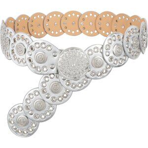 Women Vintage Disc Waist Concho Leather Belt Boho Waist Belt Silver Buckle